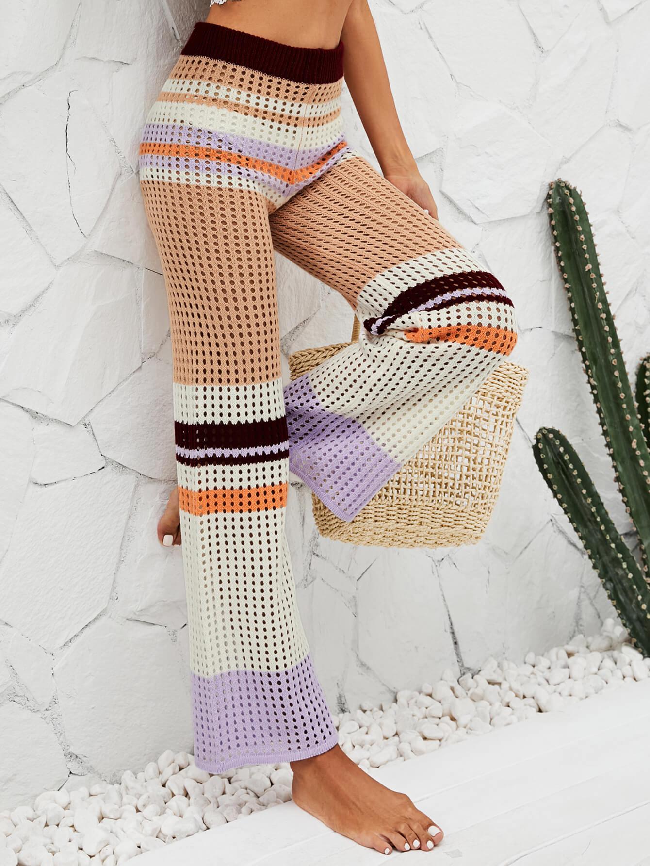 Color Block Openwork Knit Pants BLUE ZONE PLANET