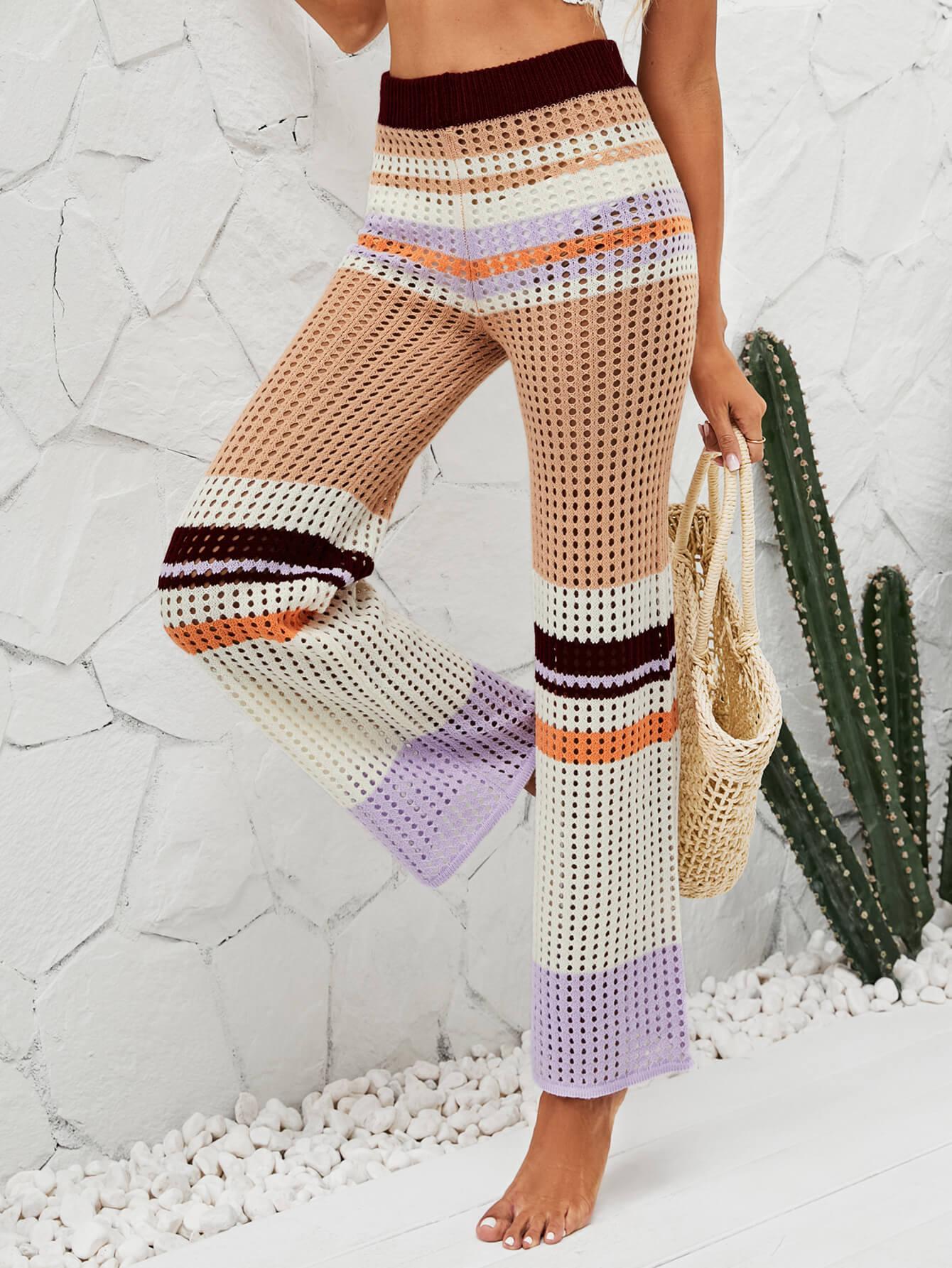 Color Block Openwork Knit Pants BLUE ZONE PLANET