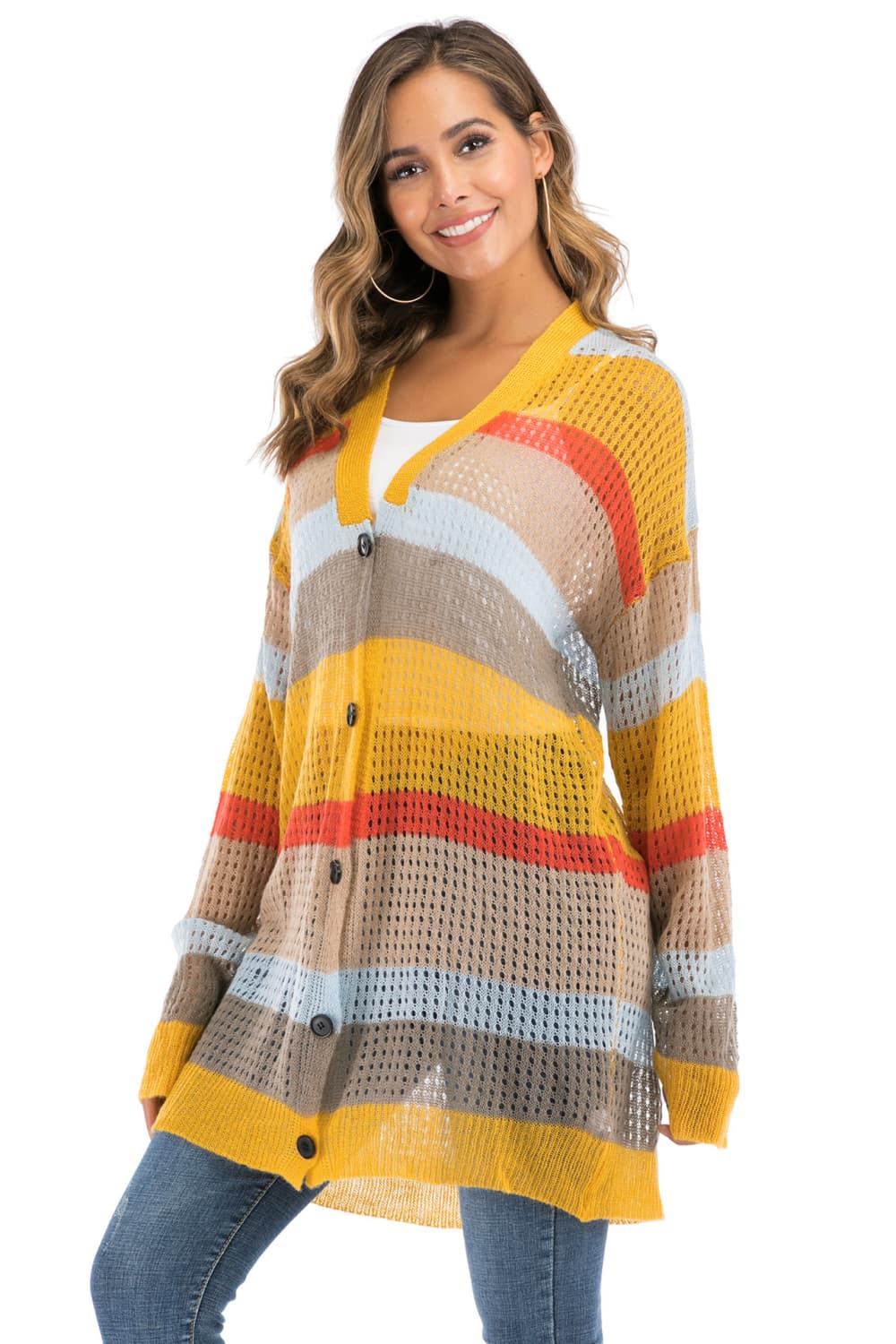 Color Block Openwork Long Sleeve Cardigan BLUE ZONE PLANET