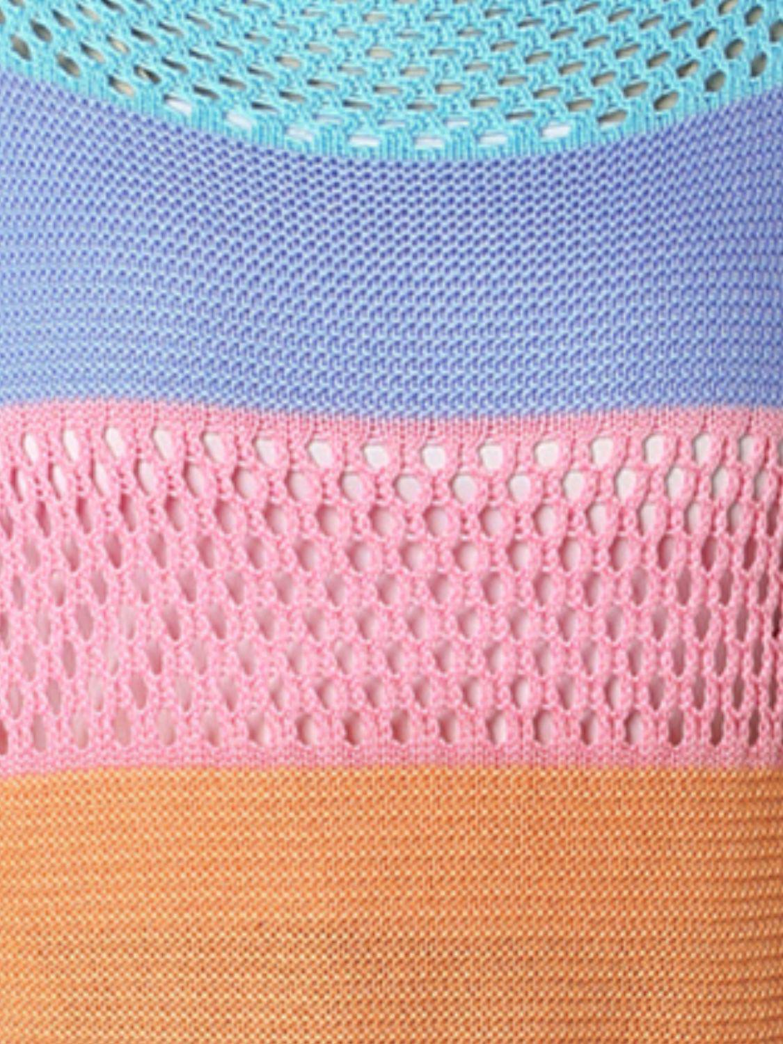 Color Block Openwork Round Neck Pullover Sweater BLUE ZONE PLANET