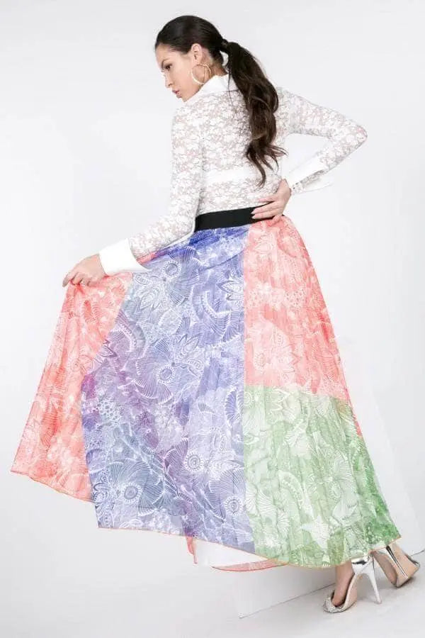 Color Block Pleated Maxi Skirt Blue Zone Planet