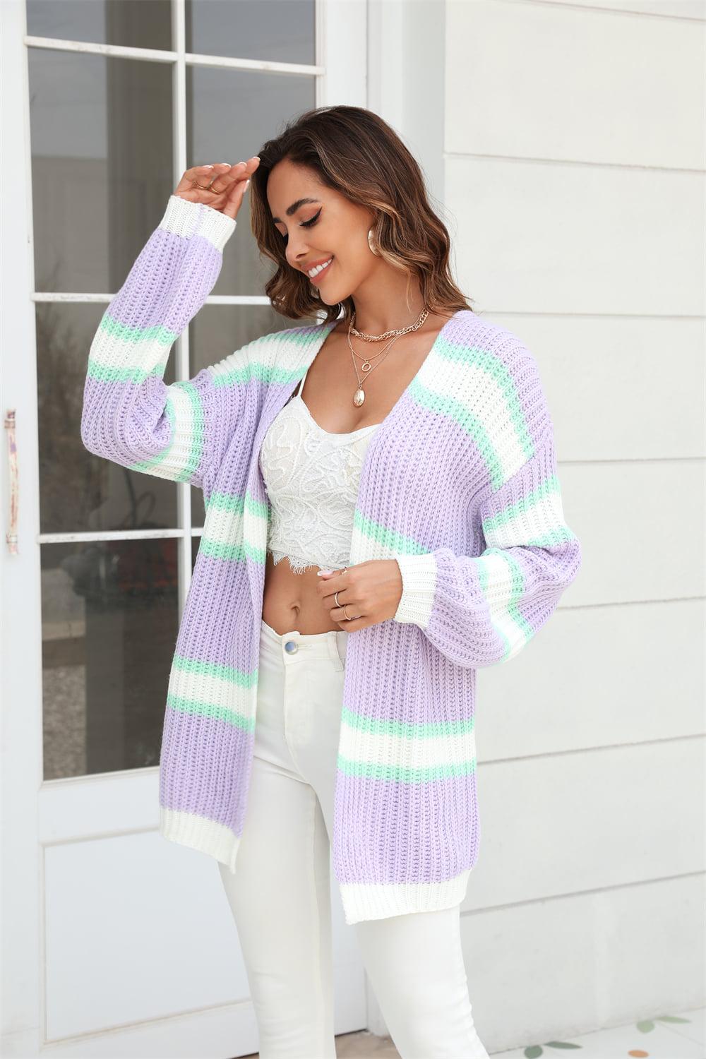 Color Block Ribbed Dropped Shoulder Open Front Cardigan BLUE ZONE PLANET