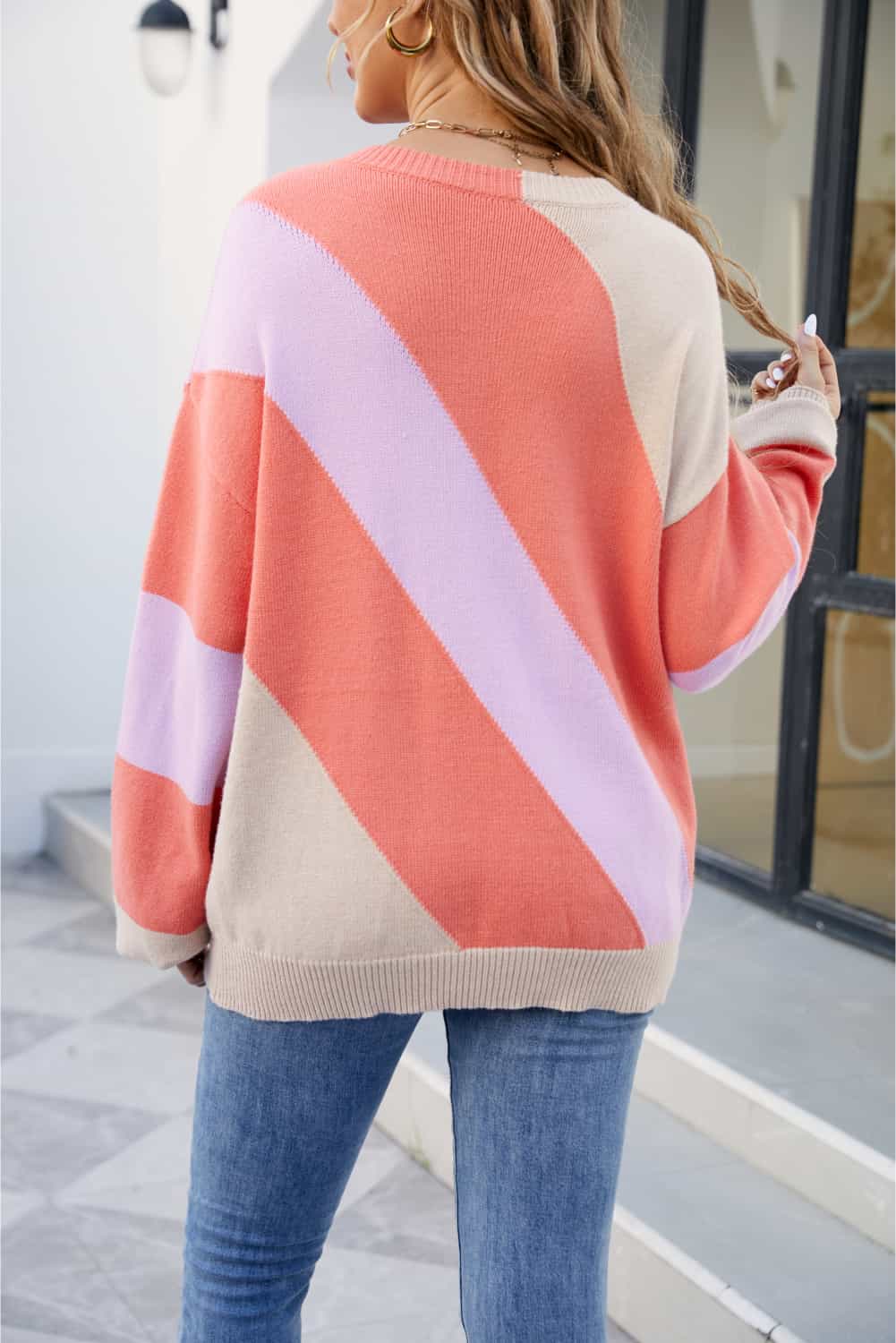 Color Block Ribbed Round Neck Sweater BLUE ZONE PLANET