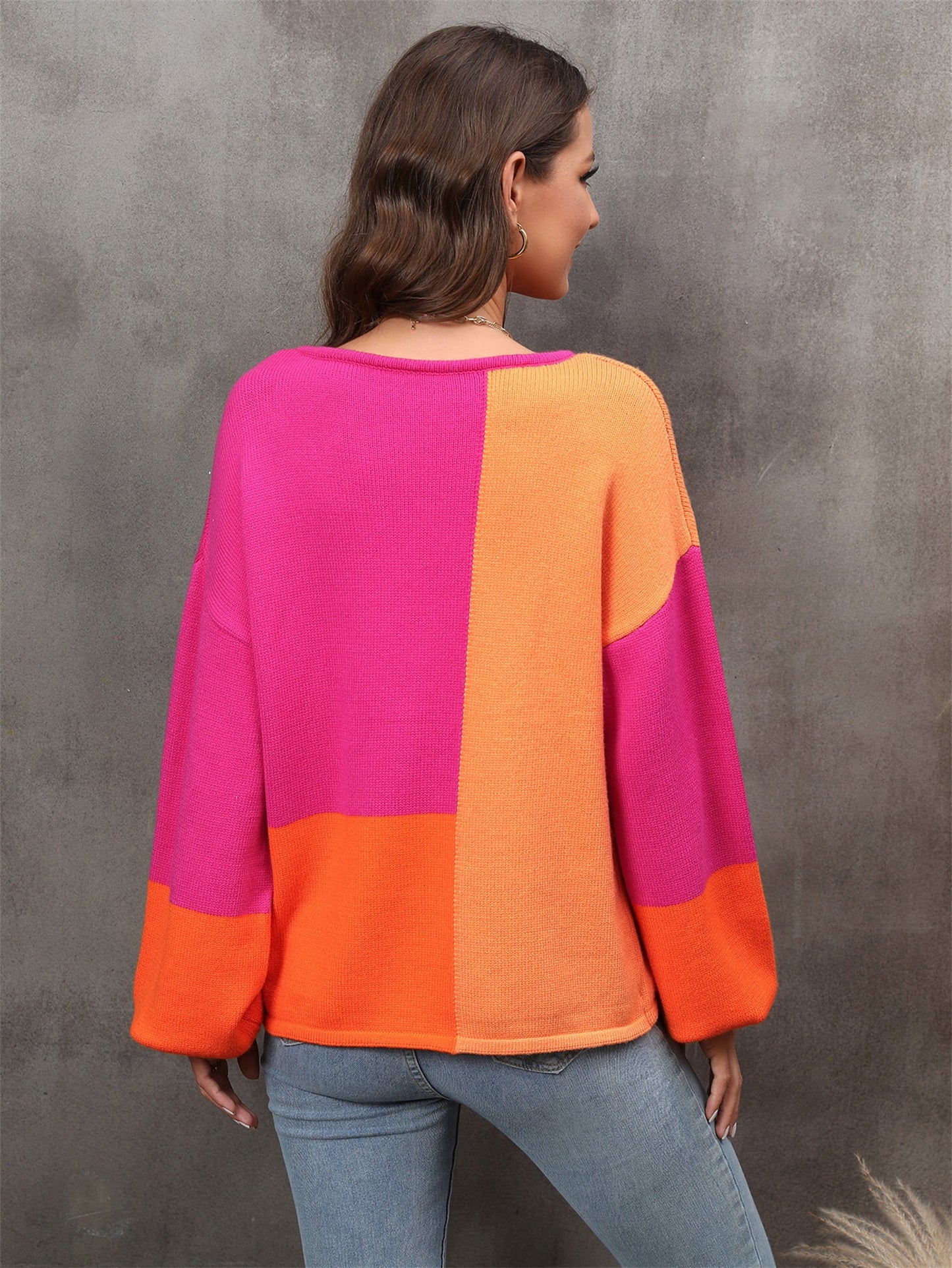 Color Block Round Neck Dropped Shoulder Sweater BLUE ZONE PLANET