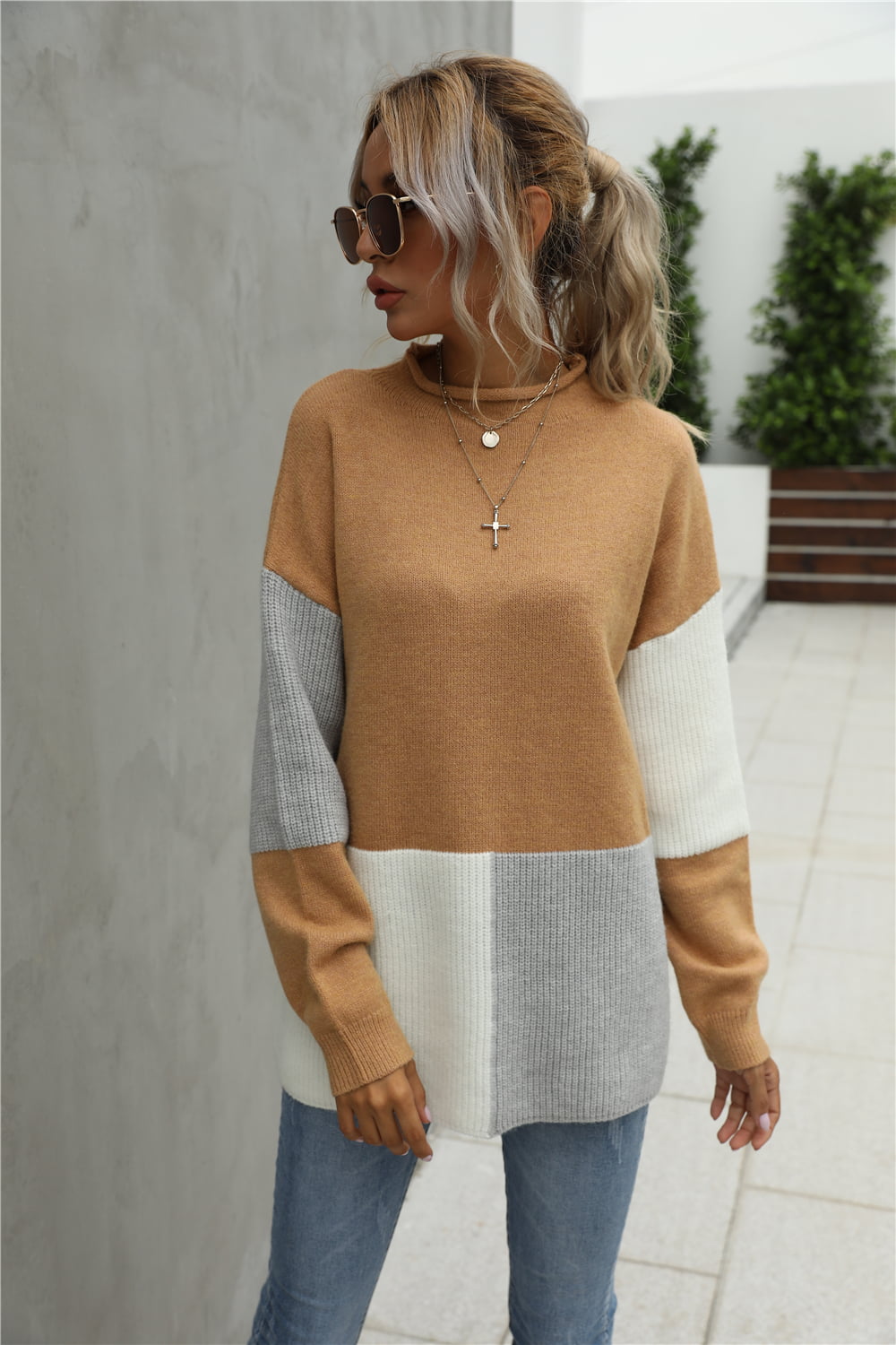 Color Block Round Neck Dropped Shoulder Sweater BLUE ZONE PLANET