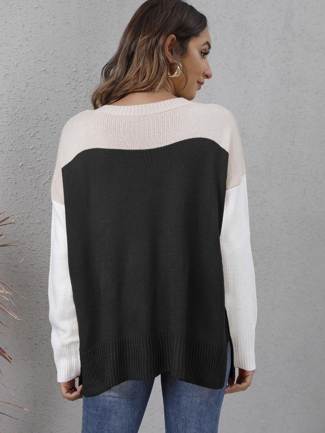 Color Block Round Neck Dropped Shoulder Sweater BLUE ZONE PLANET