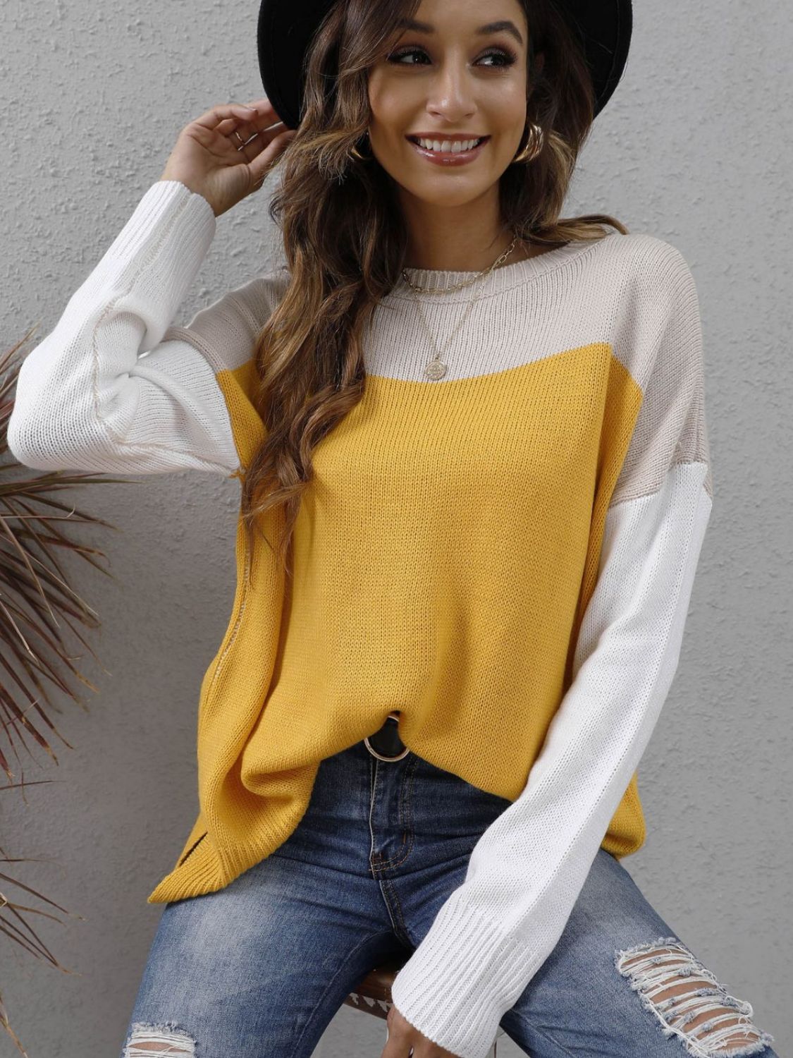 Color Block Round Neck Dropped Shoulder Sweater BLUE ZONE PLANET