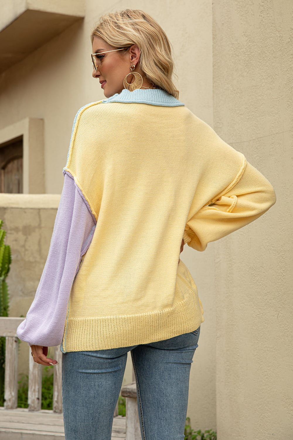 Color Block Round Neck Dropped Shoulder Sweater BLUE ZONE PLANET