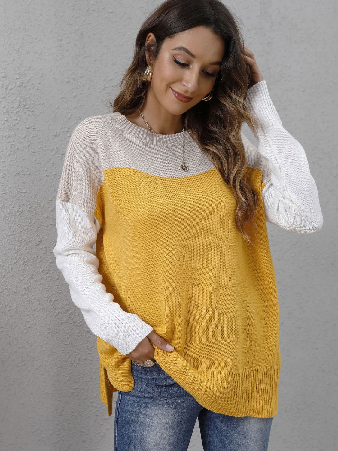 Color Block Round Neck Dropped Shoulder Sweater BLUE ZONE PLANET