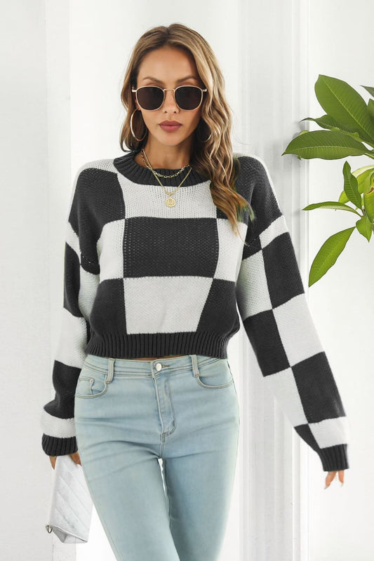 Color Block Round Neck Dropped Shoulder Sweater BLUE ZONE PLANET