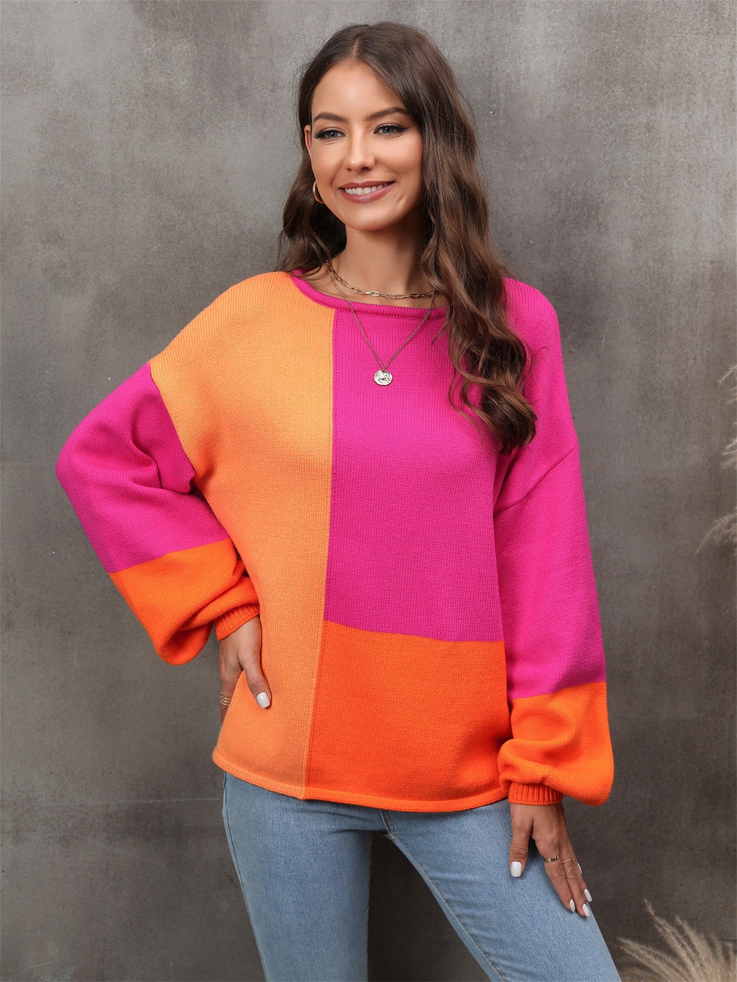 Color Block Round Neck Dropped Shoulder Sweater BLUE ZONE PLANET