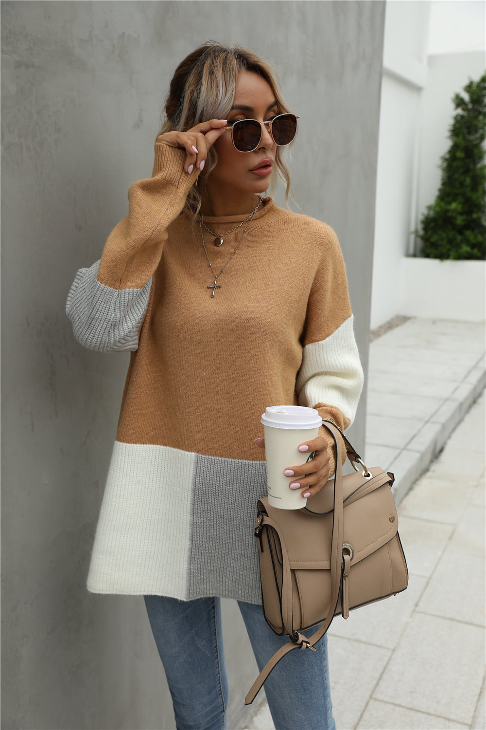 Color Block Round Neck Dropped Shoulder Sweater BLUE ZONE PLANET