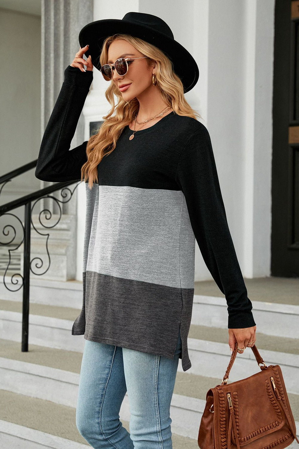 Color Block Round Neck Long Sleeve Slit T-Shirt BLUE ZONE PLANET