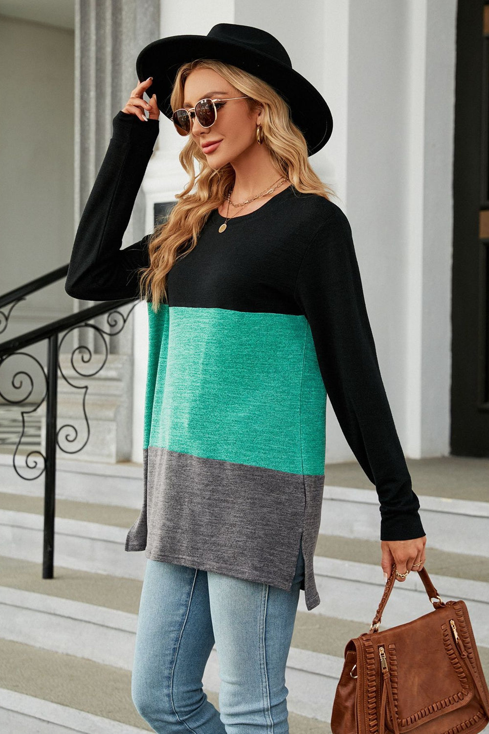 Color Block Round Neck Long Sleeve Slit T-Shirt BLUE ZONE PLANET