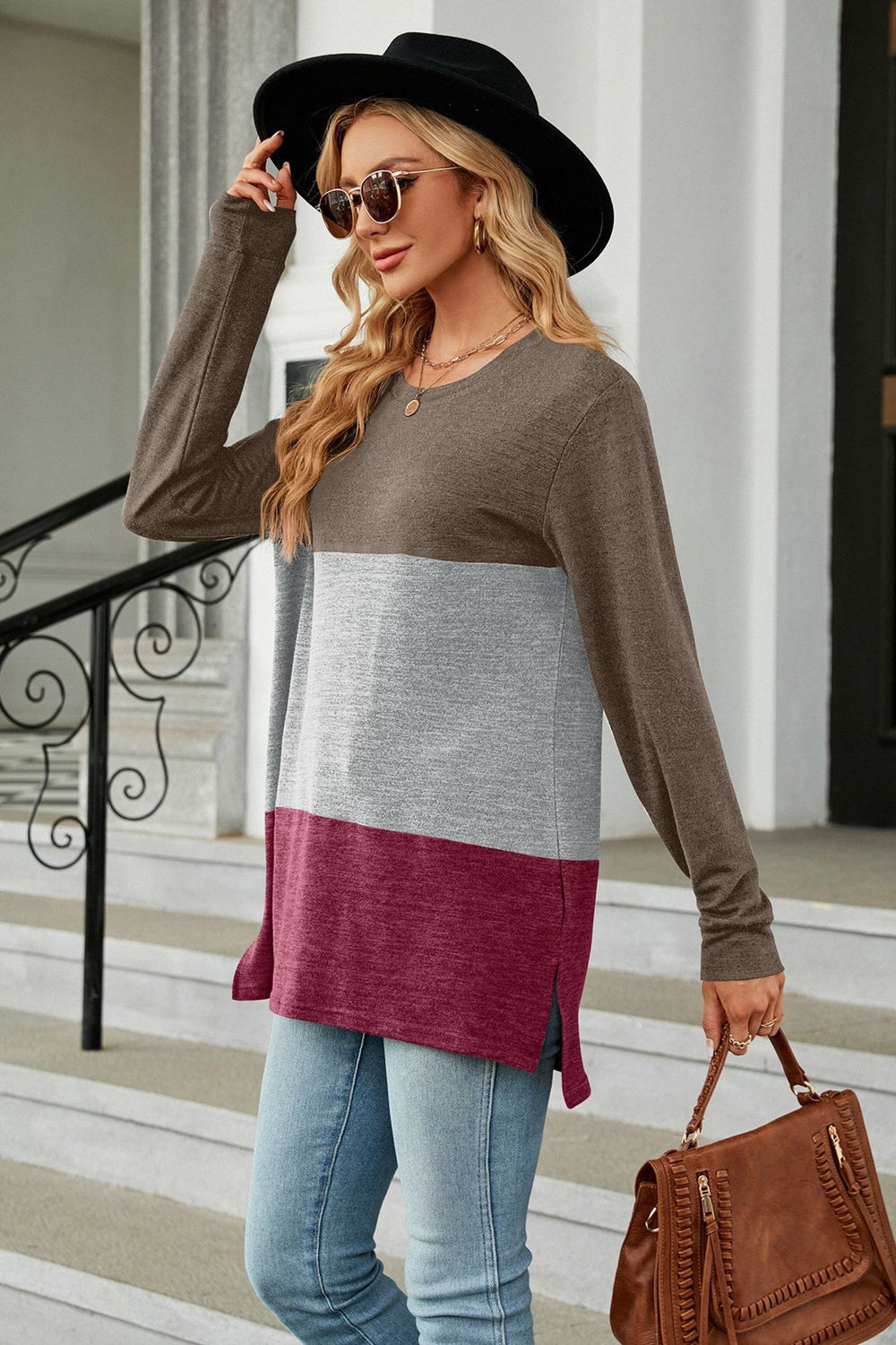 Color Block Round Neck Long Sleeve Slit T-Shirt BLUE ZONE PLANET