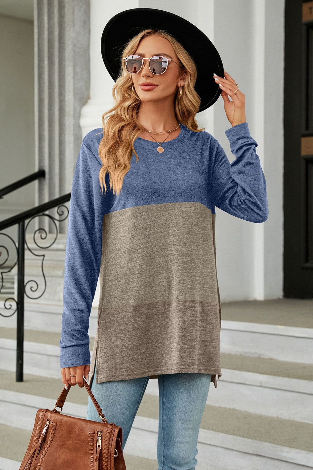 Color Block Round Neck Long Sleeve Slit T-Shirt BLUE ZONE PLANET