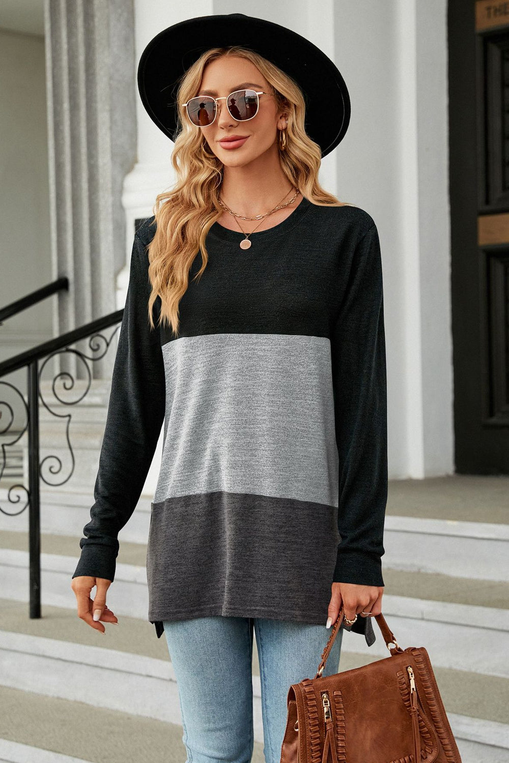 Color Block Round Neck Long Sleeve Slit T-Shirt BLUE ZONE PLANET