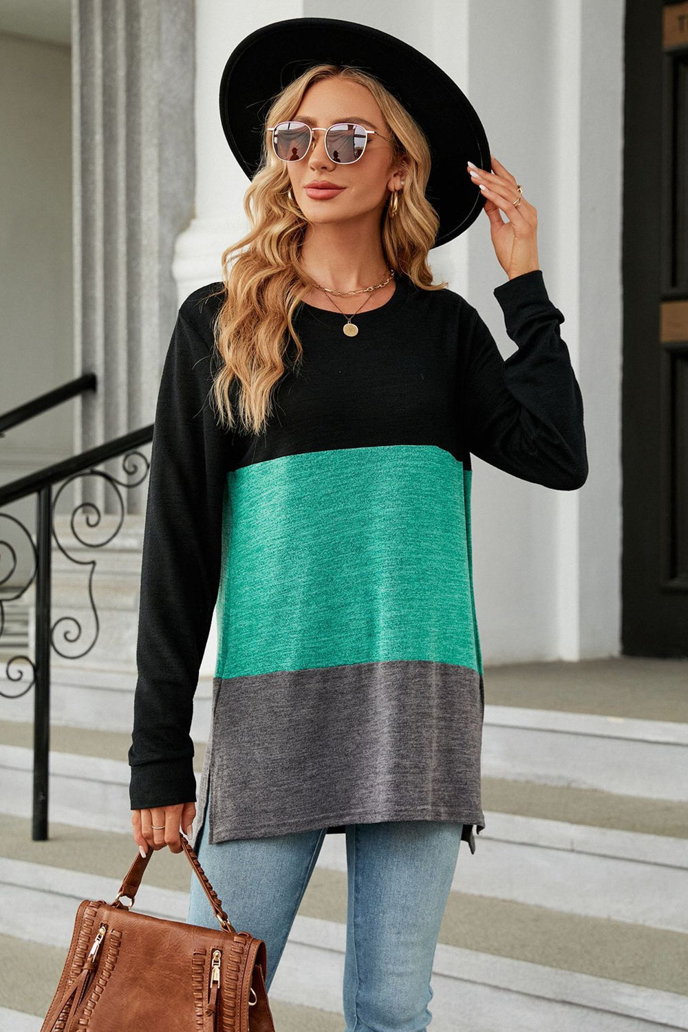 Color Block Round Neck Long Sleeve Slit T-Shirt BLUE ZONE PLANET