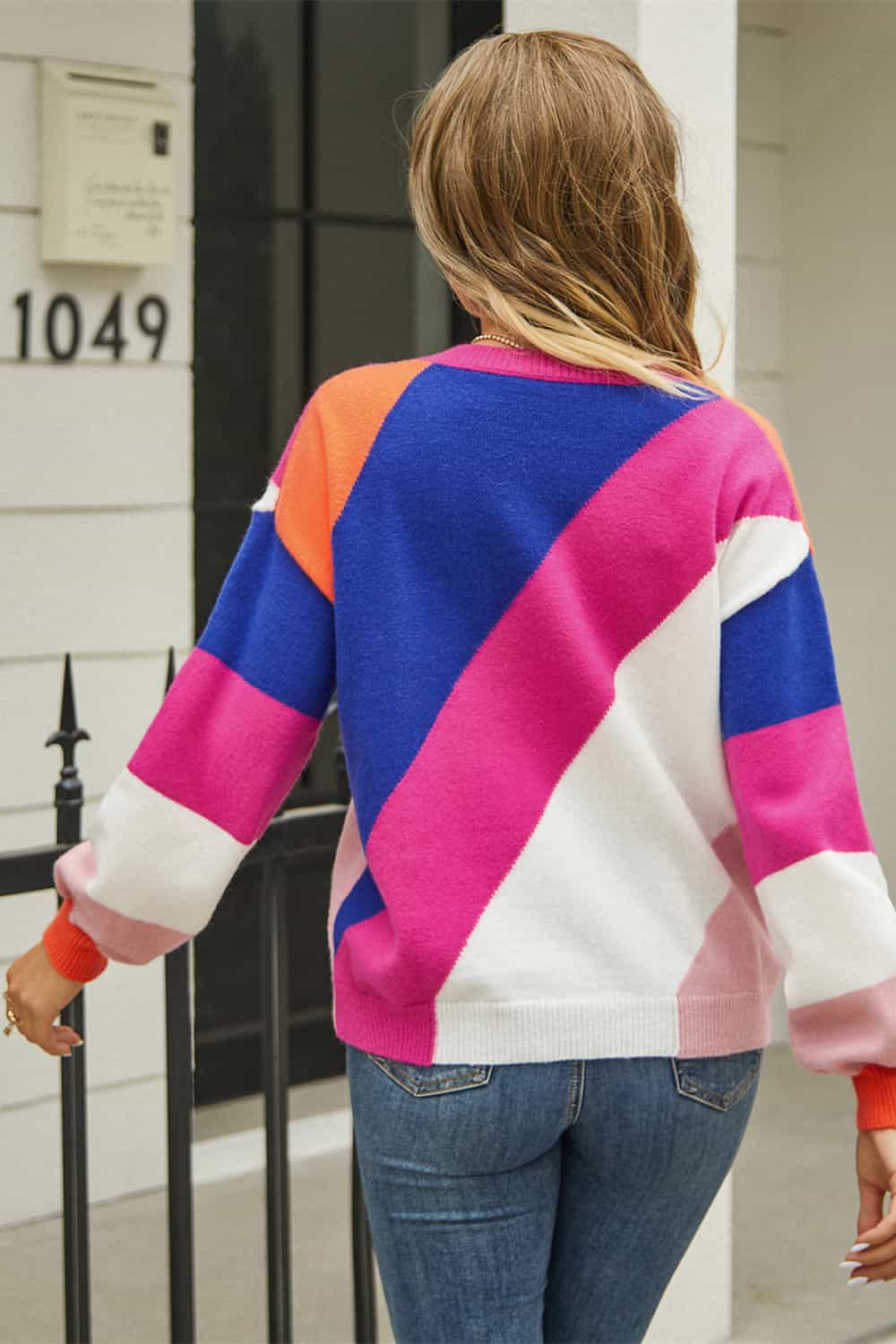 Color Block Round Neck Long Sleeve Sweater BLUE ZONE PLANET