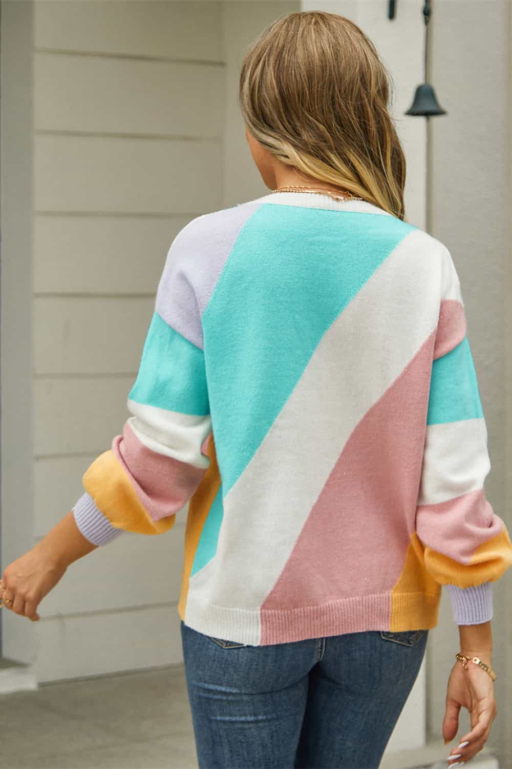 Color Block Round Neck Long Sleeve Sweater BLUE ZONE PLANET