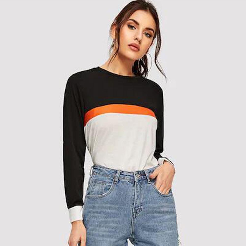 Color Block Round Neck Long Sleeve Tee BLUE ZONE PLANET