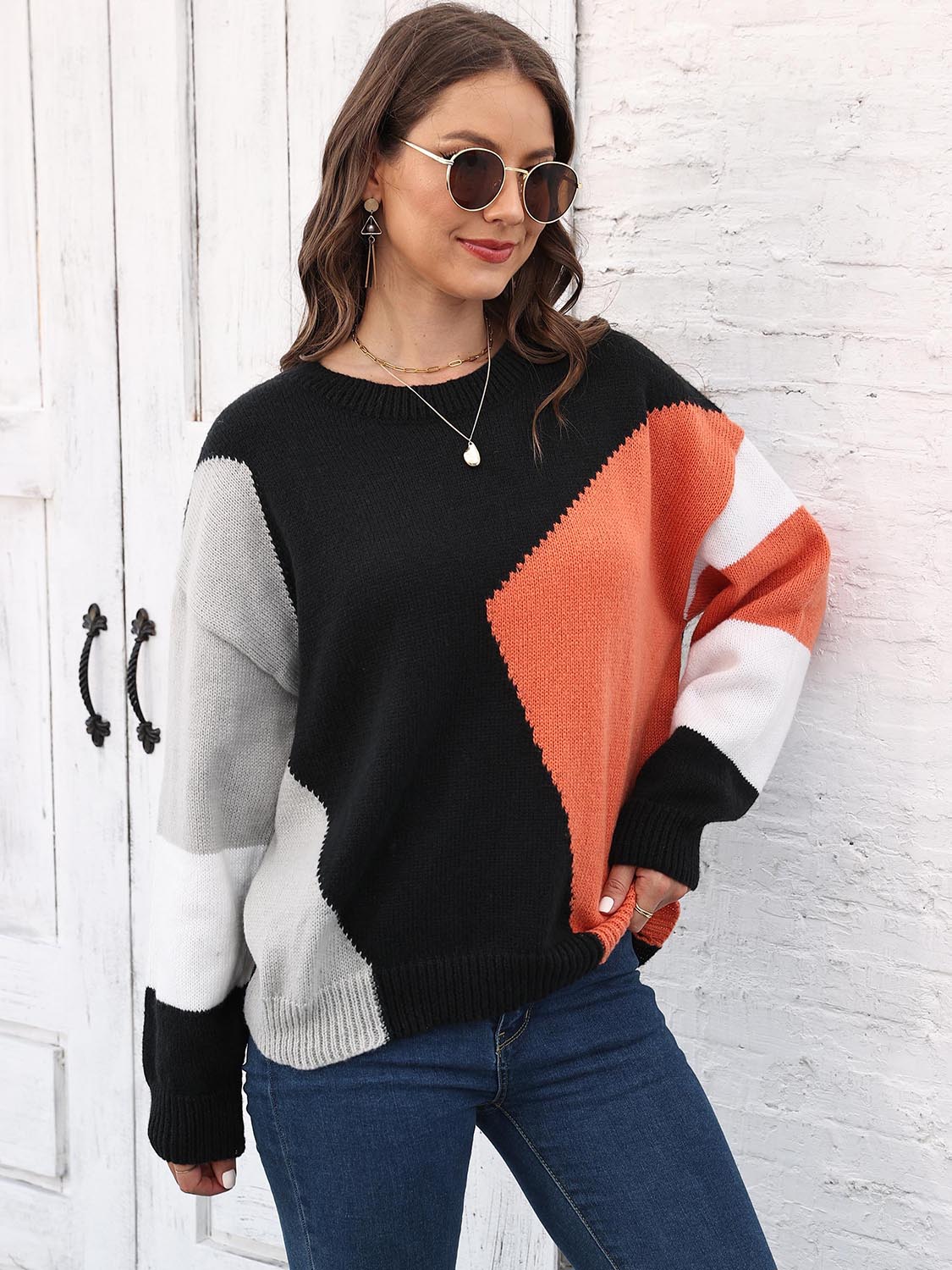Color Block Round Neck Sweater BLUE ZONE PLANET