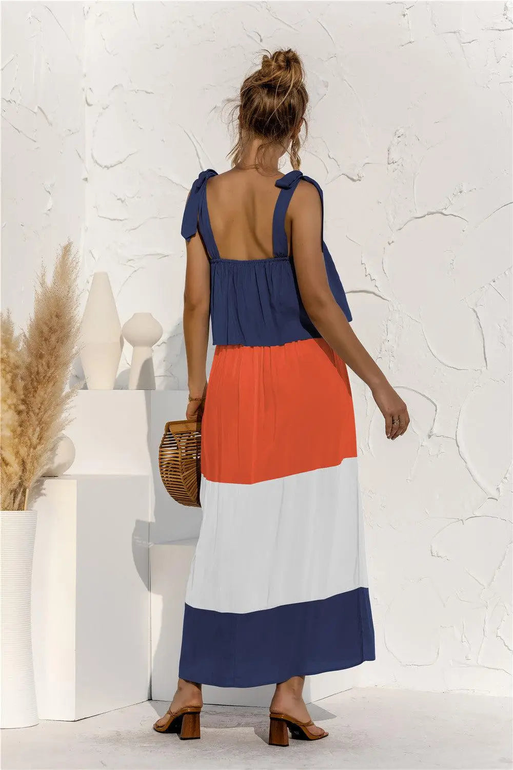 Color Block Tie Shoulder Tiered Sleeveless Dress BLUE ZONE PLANET