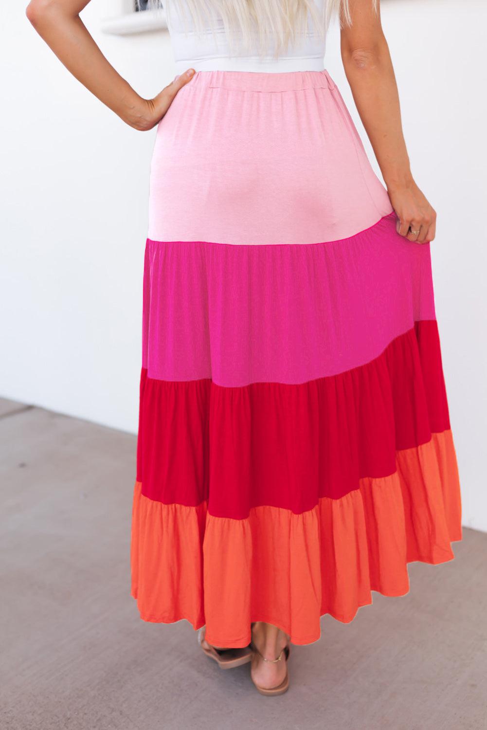 Color Block Tiered Maxi Skirt BLUE ZONE PLANET