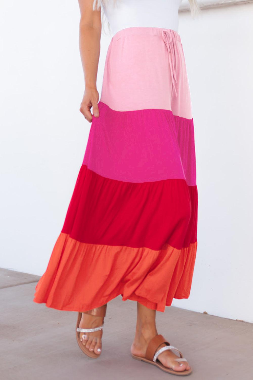 Color Block Tiered Maxi Skirt BLUE ZONE PLANET