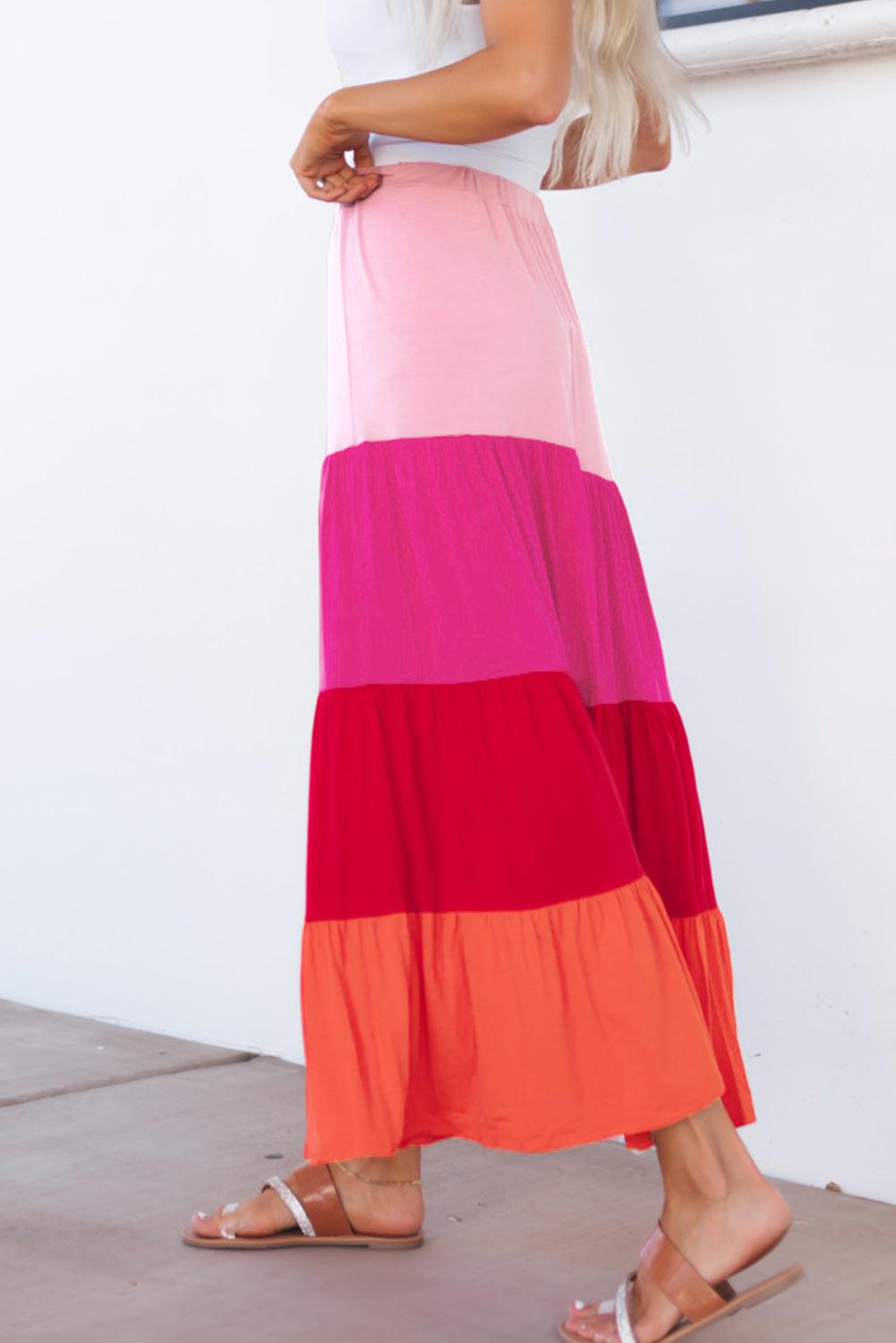 Color Block Tiered Maxi Skirt BLUE ZONE PLANET