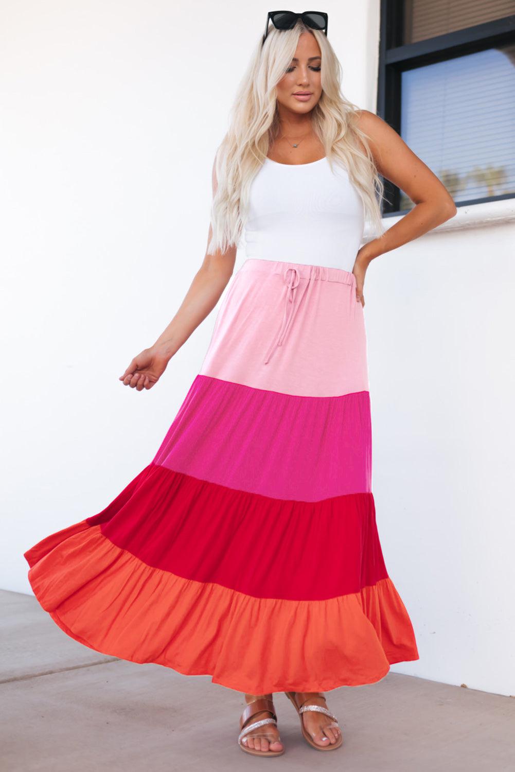 Color Block Tiered Maxi Skirt-BOTTOM SIZES SMALL MEDIUM LARGE-[Adult]-[Female]-2022 Online Blue Zone Planet