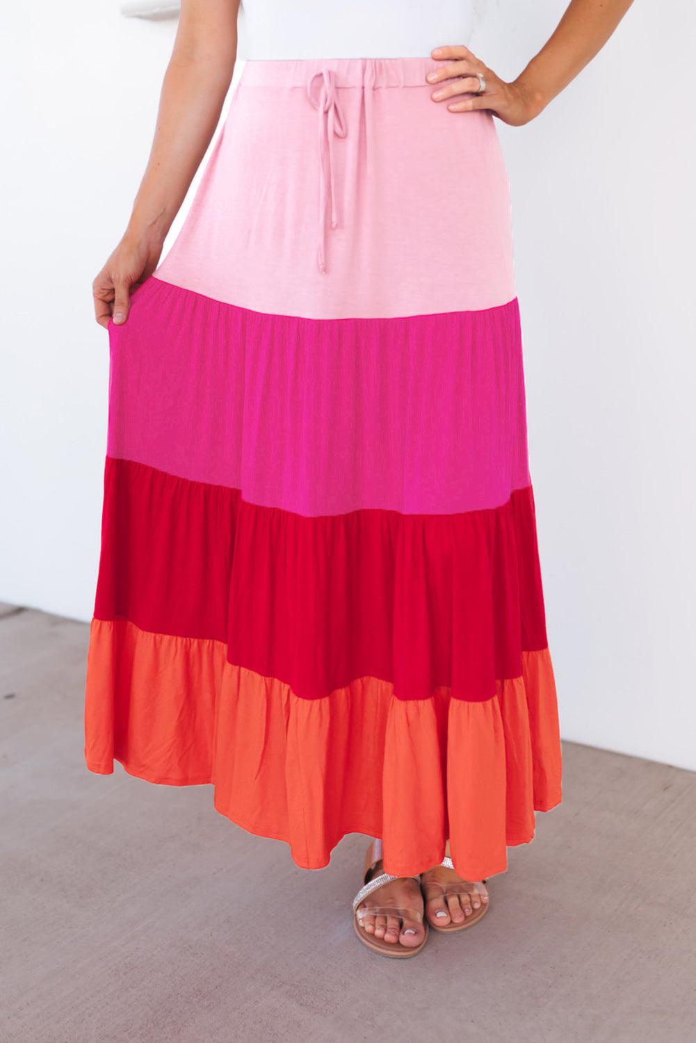 Color Block Tiered Maxi Skirt-BOTTOM SIZES SMALL MEDIUM LARGE-[Adult]-[Female]-Multicolor-S-2022 Online Blue Zone Planet