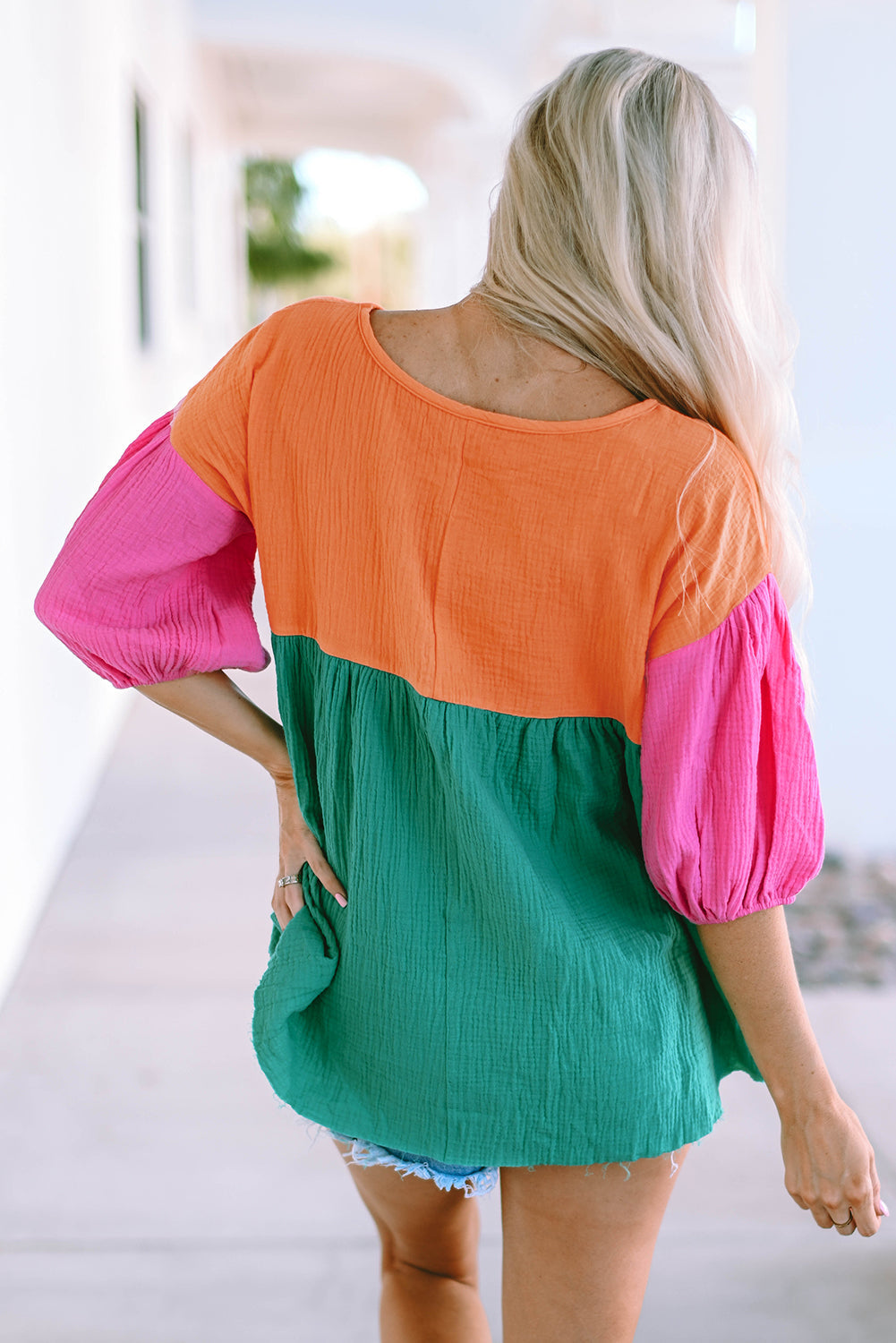 Color Block V-Neck Babydoll Blouse BLUE ZONE PLANET