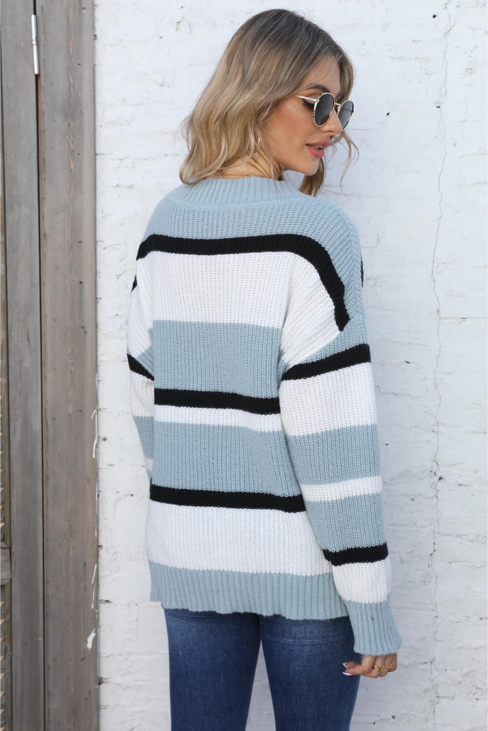 Color Block V-Neck Dropped Shoulder Sweater BLUE ZONE PLANET