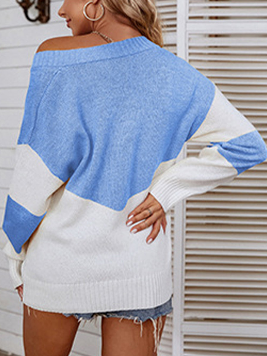Color Block V-Neck Sweater BLUE ZONE PLANET