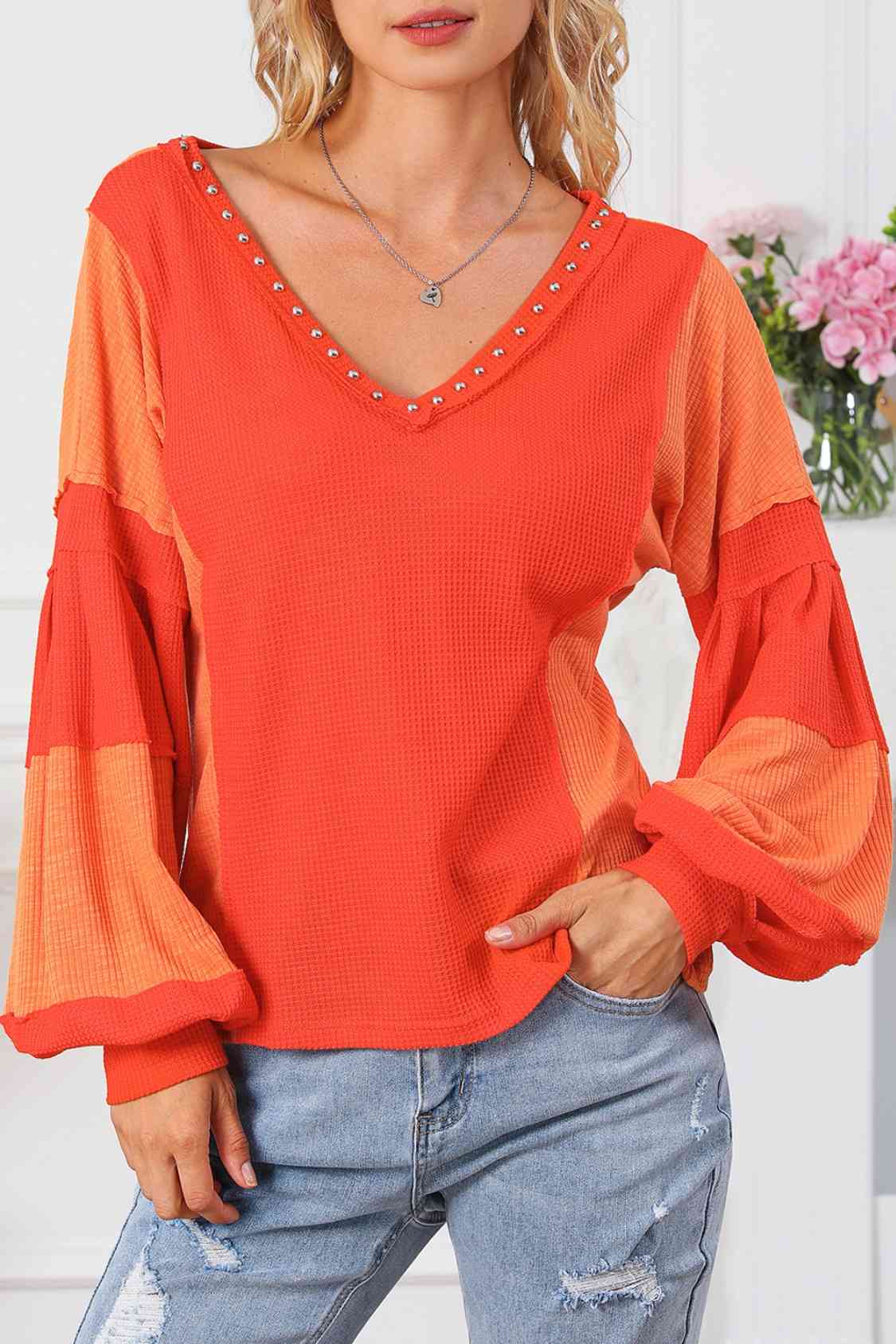 Color Block V-Neck Top BLUE ZONE PLANET