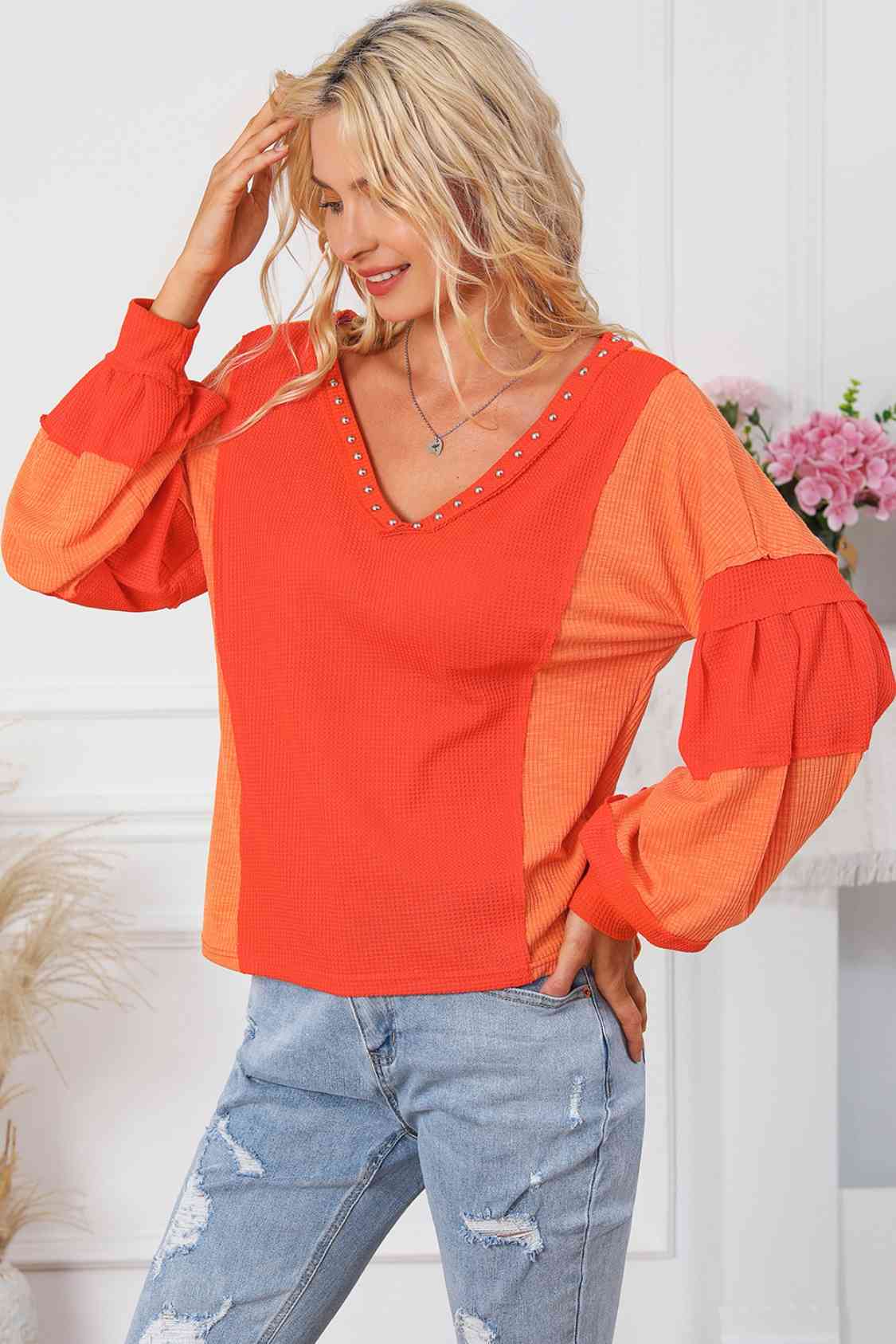 Color Block V-Neck Top BLUE ZONE PLANET