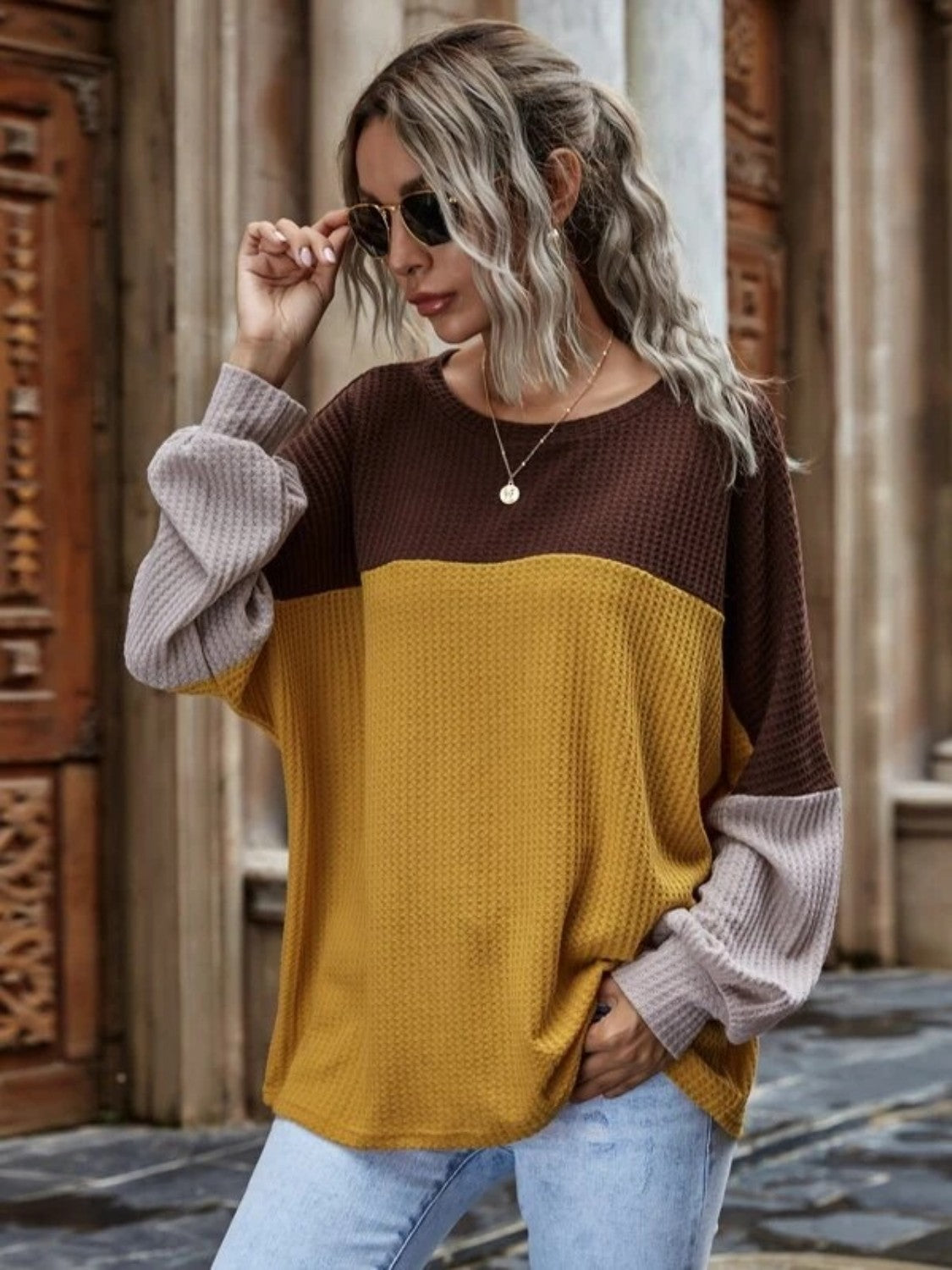 Color Block Waffle-Knit Long Sleeve Top BLUE ZONE PLANET