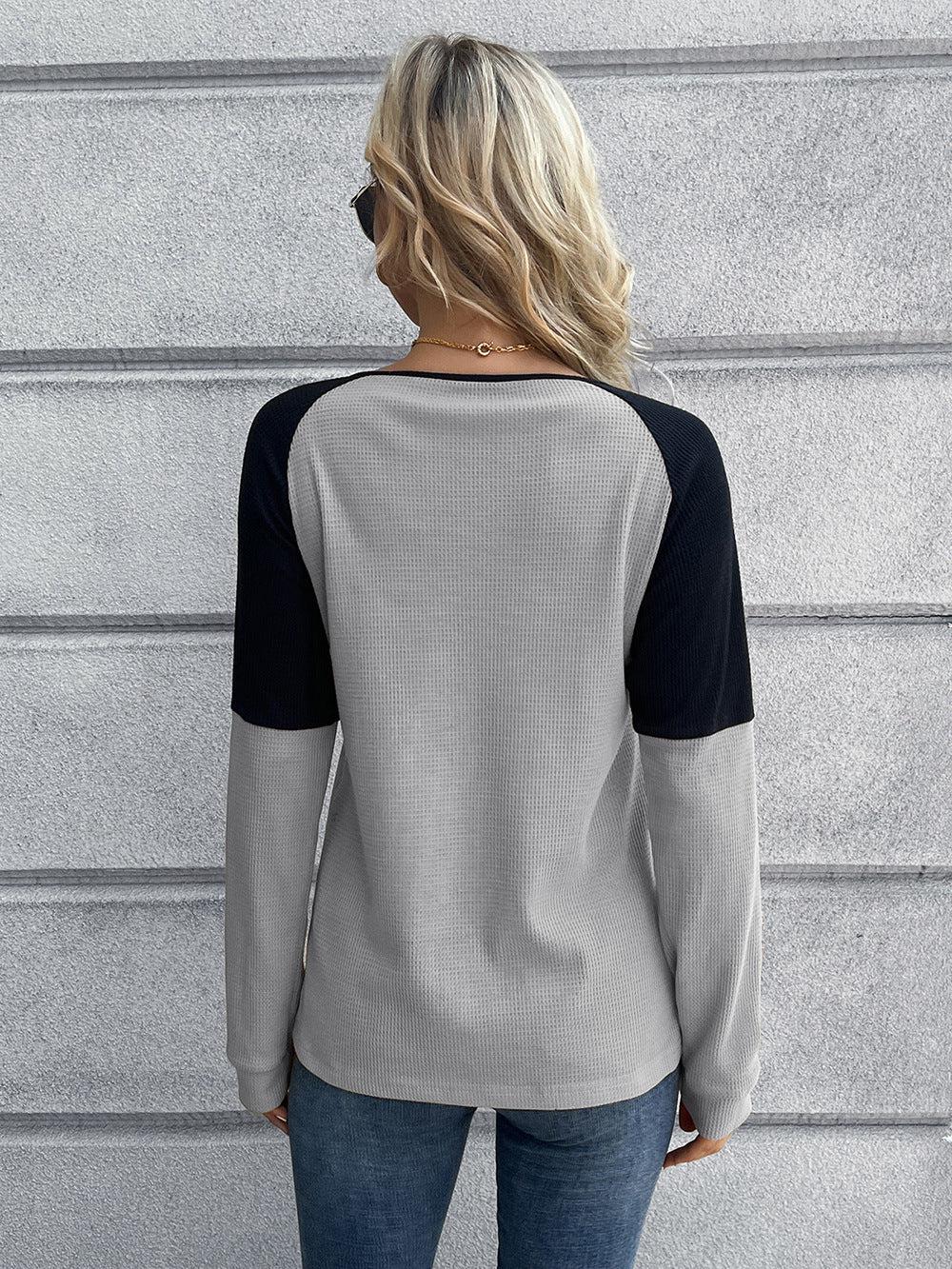 Contrast Buttoned Round Neck Raglan Sleeve Top BLUE ZONE PLANET