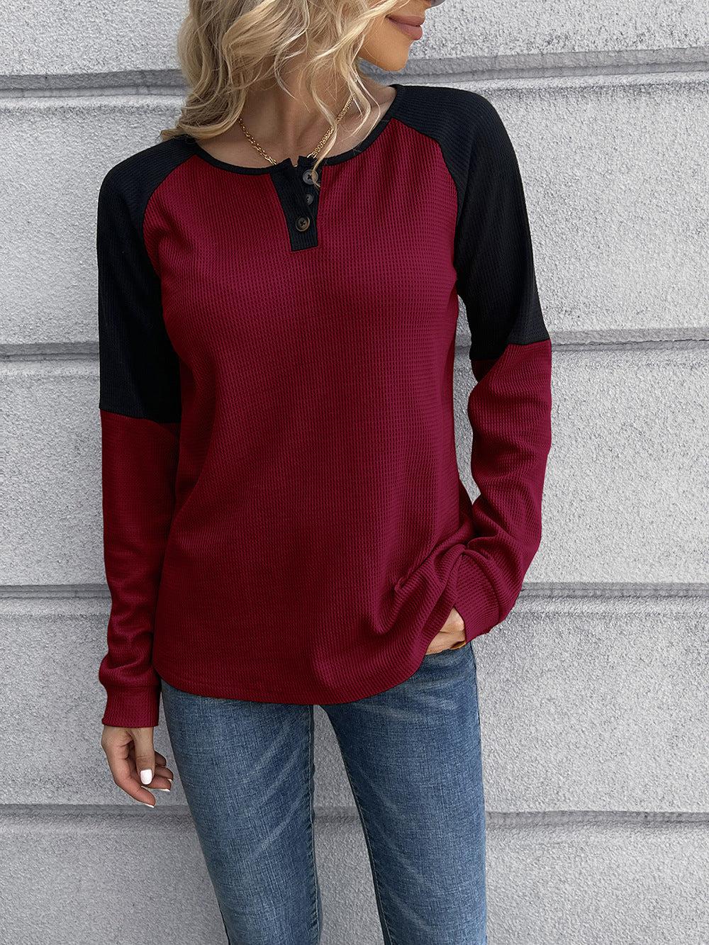 Contrast Buttoned Round Neck Raglan Sleeve Top BLUE ZONE PLANET