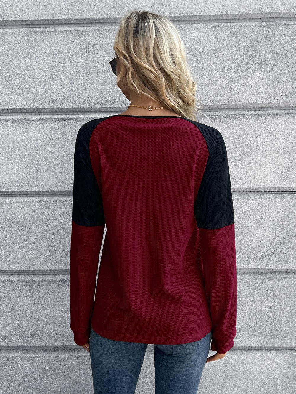 Contrast Buttoned Round Neck Raglan Sleeve Top BLUE ZONE PLANET