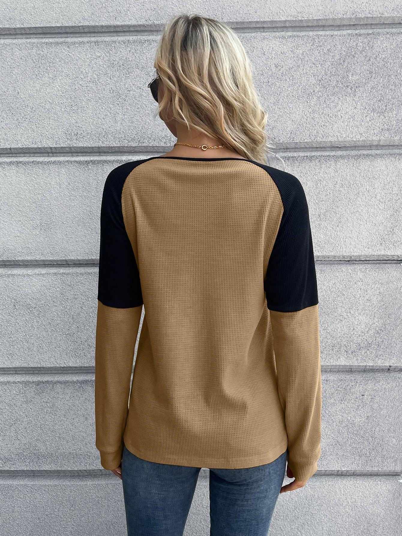 Contrast Buttoned Round Neck Raglan Sleeve Top BLUE ZONE PLANET