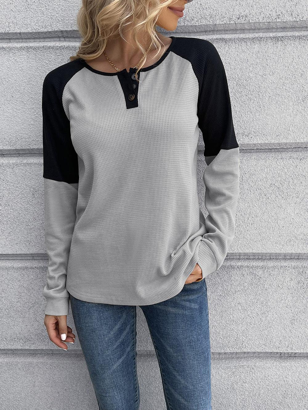 Contrast Buttoned Round Neck Raglan Sleeve Top BLUE ZONE PLANET