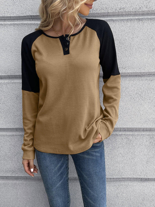 Contrast Buttoned Round Neck Raglan Sleeve Top BLUE ZONE PLANET