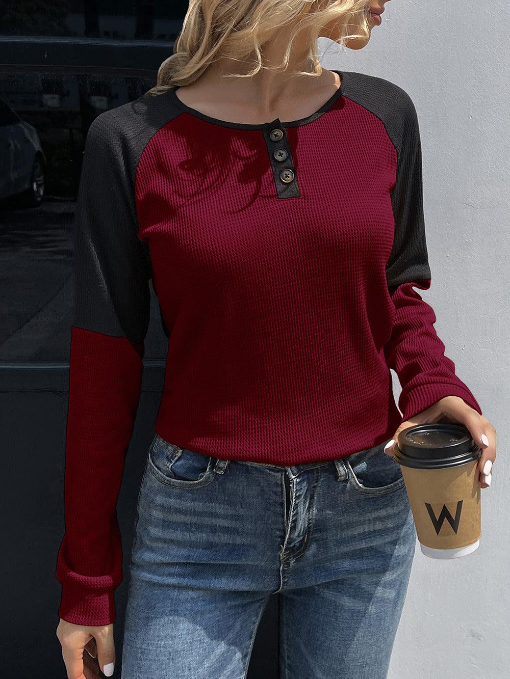 Contrast Buttoned Round Neck Raglan Sleeve Top BLUE ZONE PLANET