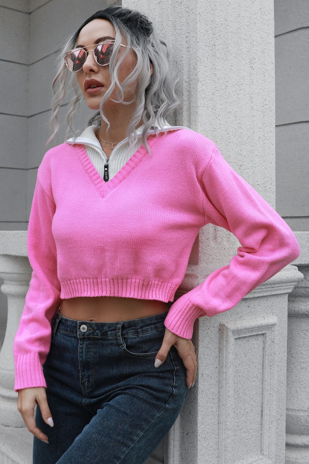 Contrast Collared Cropped Sweater BLUE ZONE PLANET