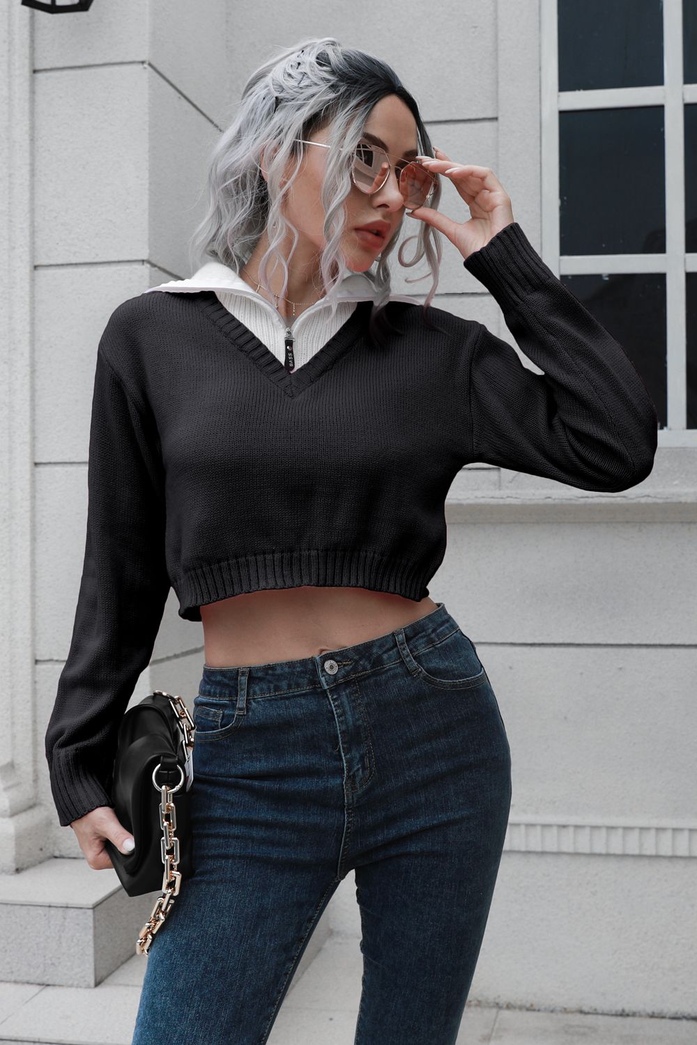 Contrast Collared Cropped Sweater BLUE ZONE PLANET