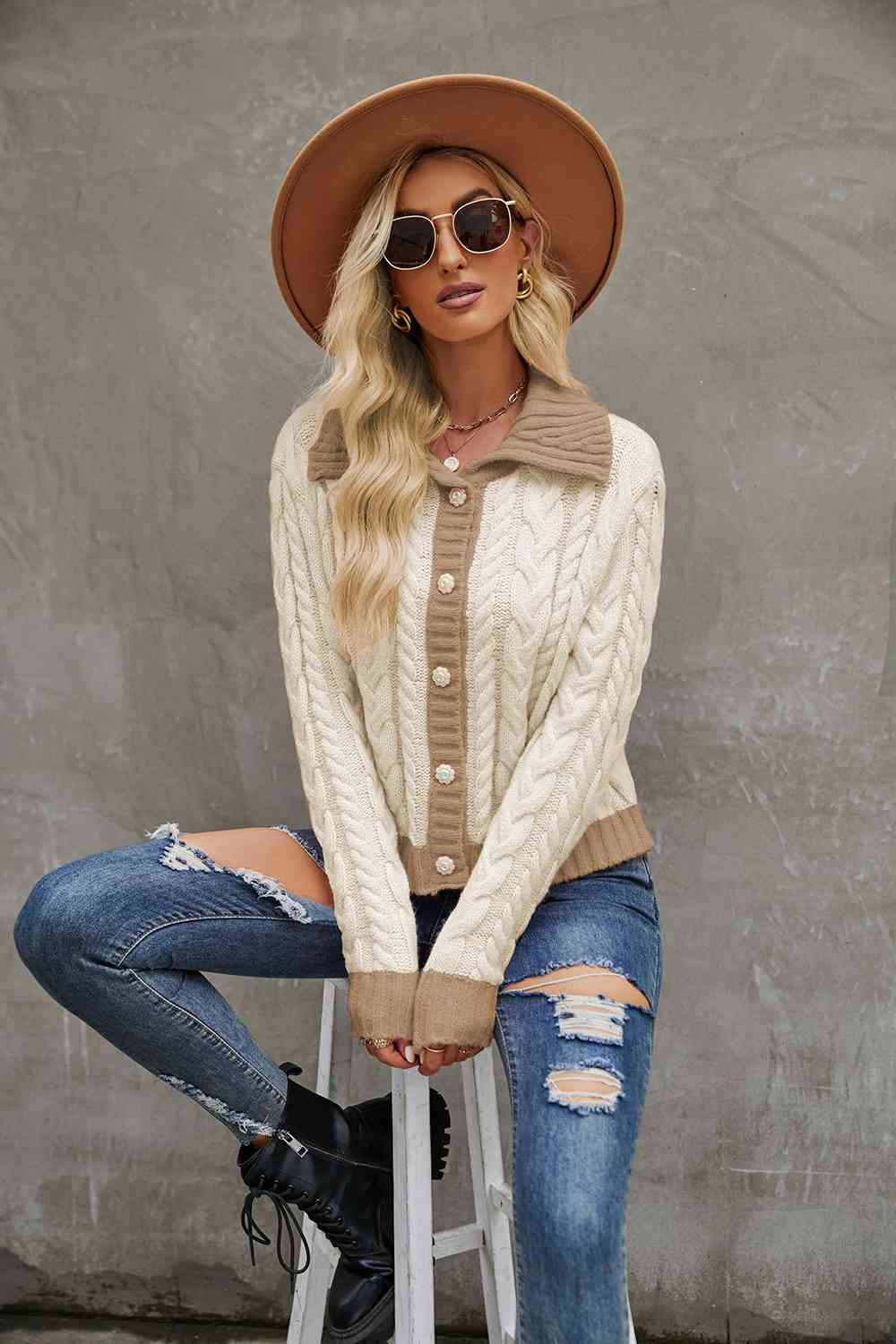 Contrast Collared Neck Cable-Knit Cardigan BLUE ZONE PLANET