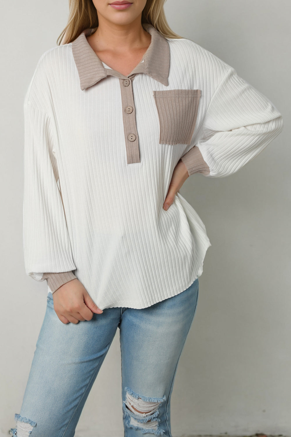 Contrast Collared Neck Top BLUE ZONE PLANET