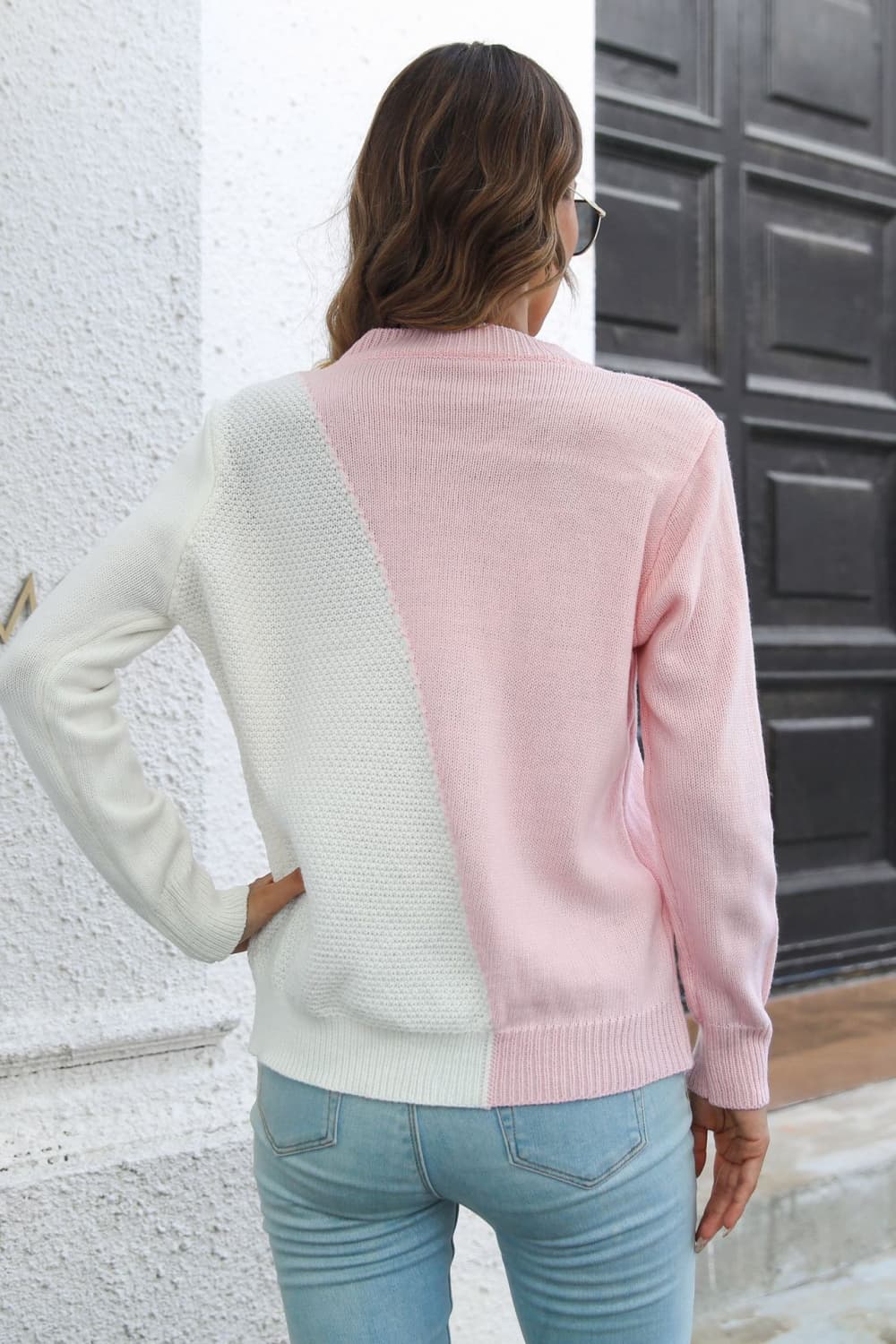 Contrast Color Round Neck Long Sleeve Sweater BLUE ZONE PLANET